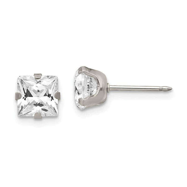 Inverness 355E Stainless Steel Square CZ Earrings 7mm